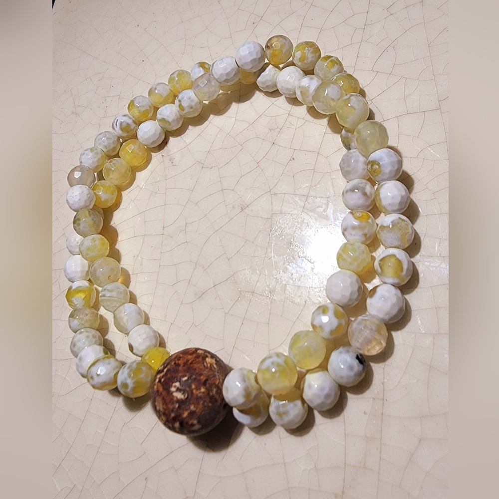 Jasper and milk white with a big brown bead stretch beaded bracelet #bohemian